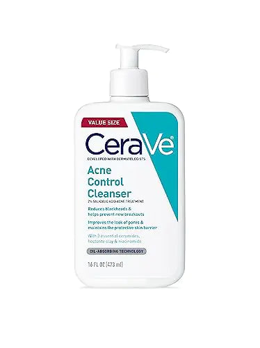 CeraVe Acne Control Cleanser 2% Salicylic Acid Treatment Formulated With Niacinamide + Ceramides + Oil Absorbing Clay Gentle Face Wash Helps Clear & Prevent Acne Fragrance Free 16 Ounce